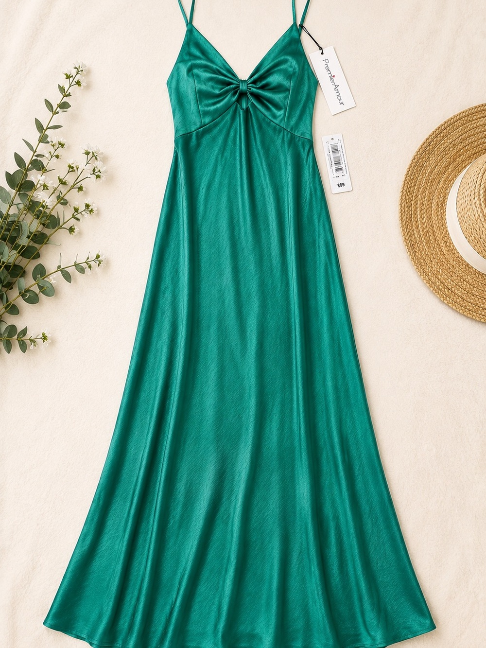 Premier Amour Green Teal Satin Maxi Dress Size 8 NWT